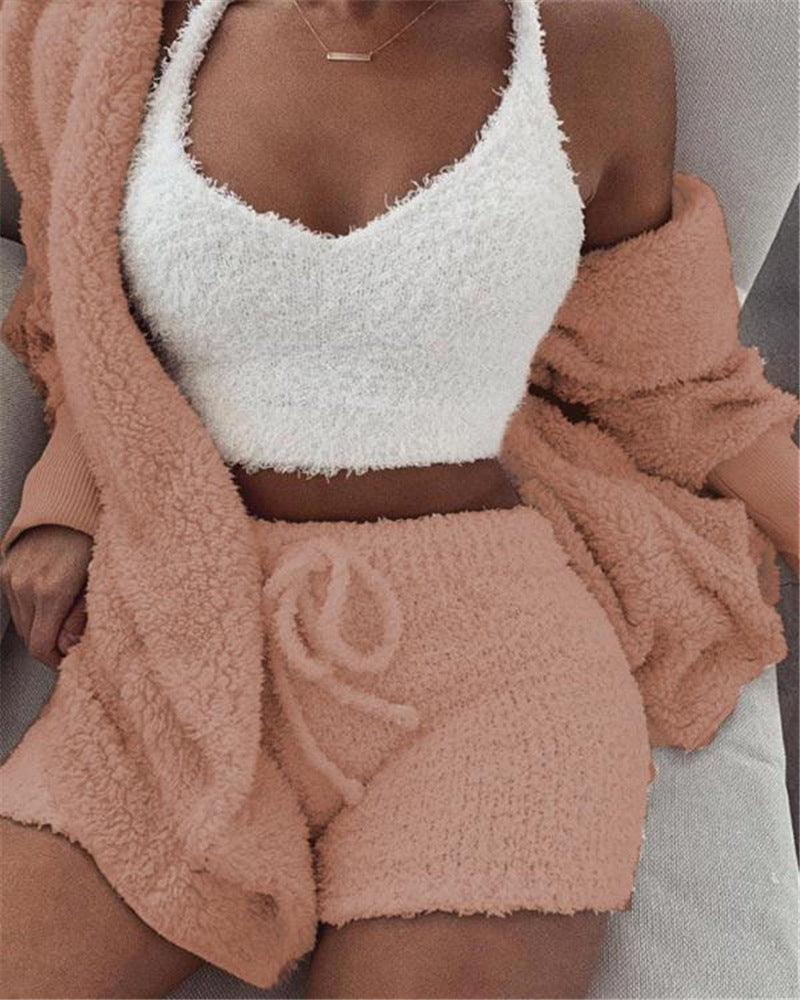 Cozy 3-Piece Long Sleeve Crop & Drawstring Shorts Pajama Set - U4RIA