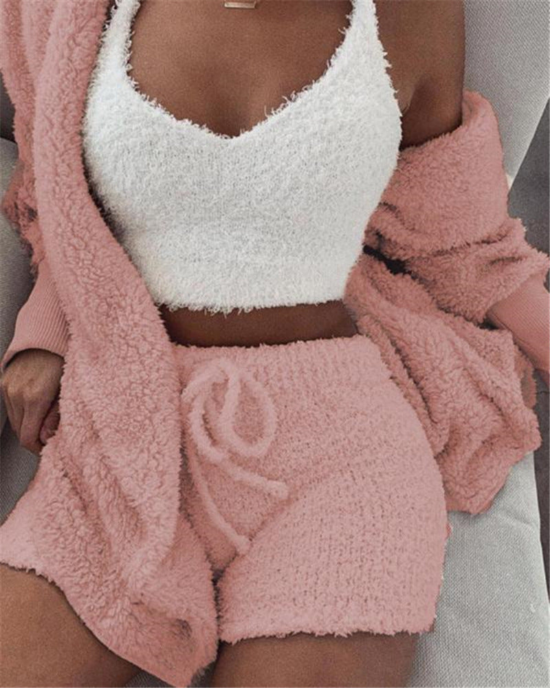 Cozy 3-Piece Long Sleeve Crop & Drawstring Shorts Pajama Set - U4RIA