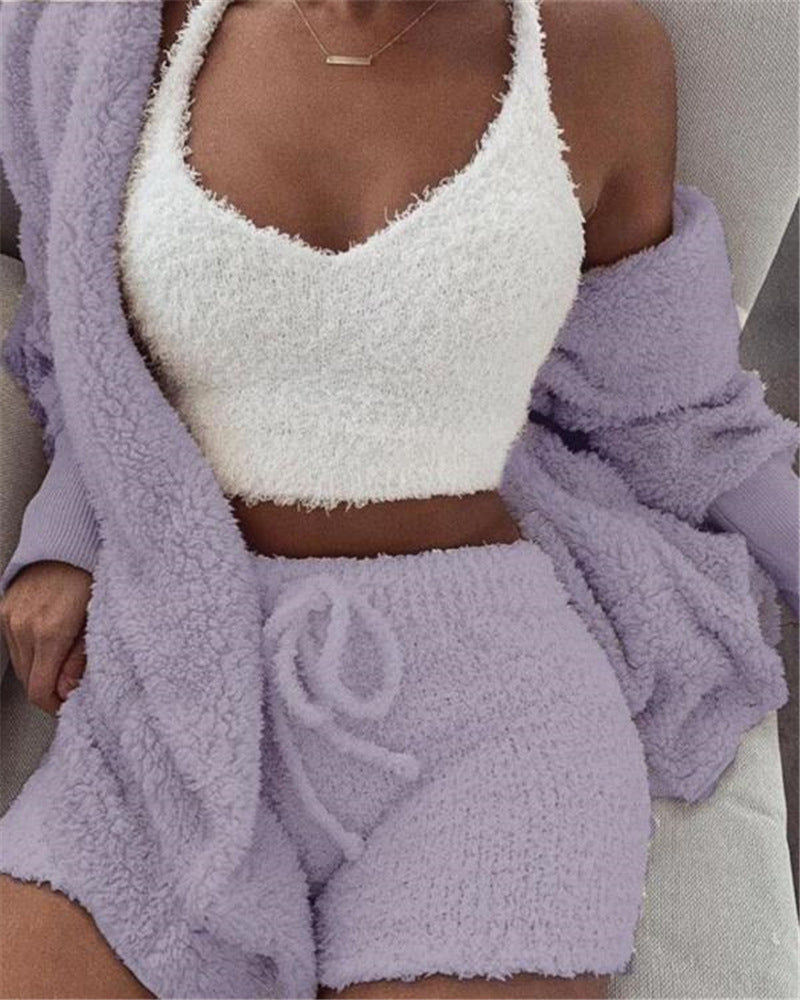 Cozy 3-Piece Long Sleeve Crop & Drawstring Shorts Pajama Set - U4RIA