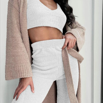 Cozy 3-Piece Long Sleeve Crop & Drawstring Shorts Pajama Set - U4RIA