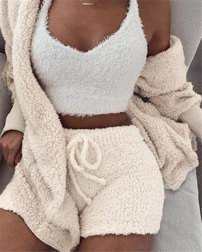 Cozy 3-Piece Long Sleeve Crop & Drawstring Shorts Pajama Set - U4RIA