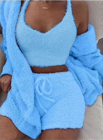 Cozy 3-Piece Long Sleeve Crop & Drawstring Shorts Pajama Set - U4RIA