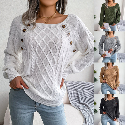 Button Detail Square Neck Sweater - U4RIA