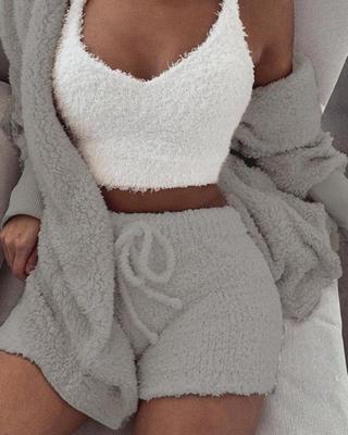 Cozy 3-Piece Long Sleeve Crop & Drawstring Shorts Pajama Set - U4RIA