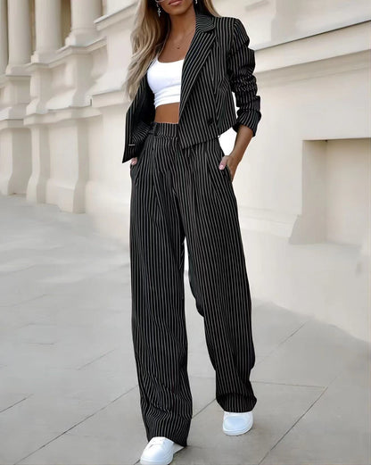 Casual Striped Lapel Crop Top & Straight Pants Set - U4RIA