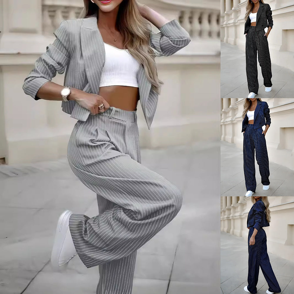 Casual Striped Lapel Crop Top & Straight Pants Set - U4RIA