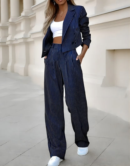 Casual Striped Lapel Crop Top & Straight Pants Set - U4RIA