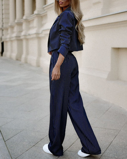 Casual Striped Lapel Crop Top & Straight Pants Set - U4RIA