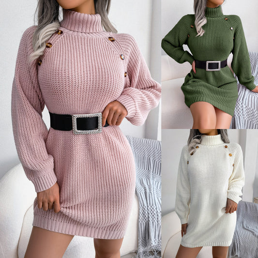 Winter Turtleneck Sweater Dress with Button Detail - U4RIA